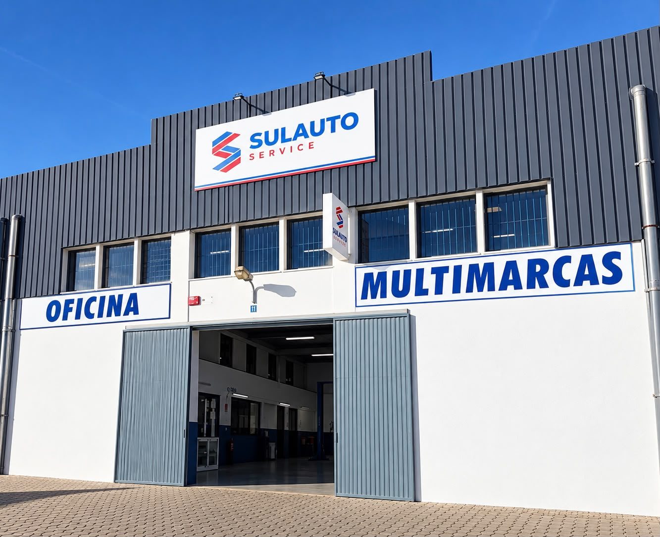 Fachada da oficina Sulauto Service, com as placas Oficina e Multimarcas, no Parchal